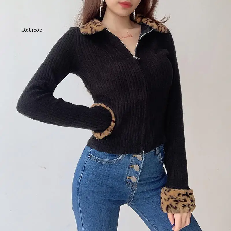 

Autumn Winter Zipper Leopard Women Jackets Female Sweater Coat New Black Turndown Collar Long Sleeve Outerwear Hot Sale