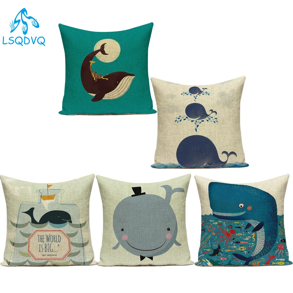 Nordic Style Decorative Throw Pillows Case Cute Cartoon Animals Fish Whale Sailor Navigation  Sofa Pillow Cushion Cover