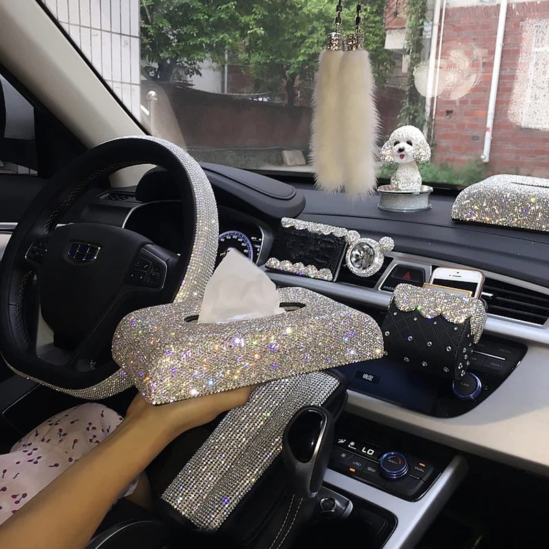 Creative Bling Crystal Diamond Car Ornaments Decoration Car Tissue Box Paper Holder Storage Rhinestone Car Interior Accessories