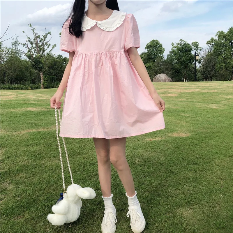 Japanse Zoete Leuke Boog Pop Kraag Jurk Ontwerp Niet-mainstream Roze Backless Medium-Lengte Jurk Vrouwelijke Zomer Lolita jurk