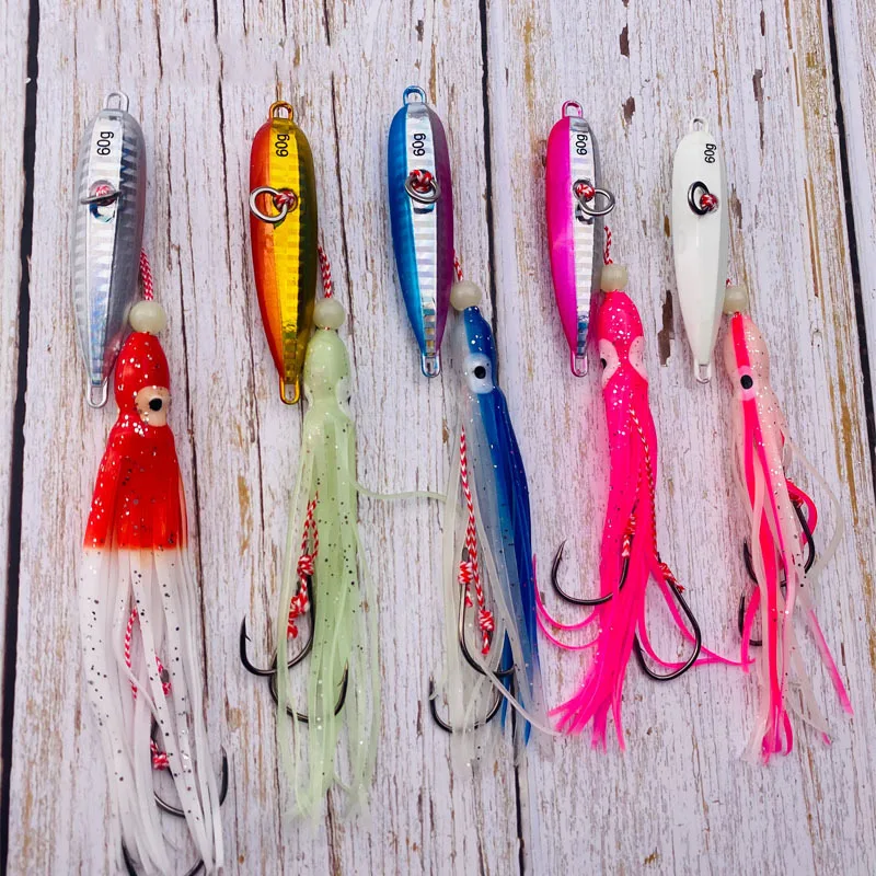 2021 Fishing Lure Jig Weights 40-80g Luminous Squid Hook Soft Bionic Bait Peche Pike Fish Tackle Metal Jigging Artificial Lures