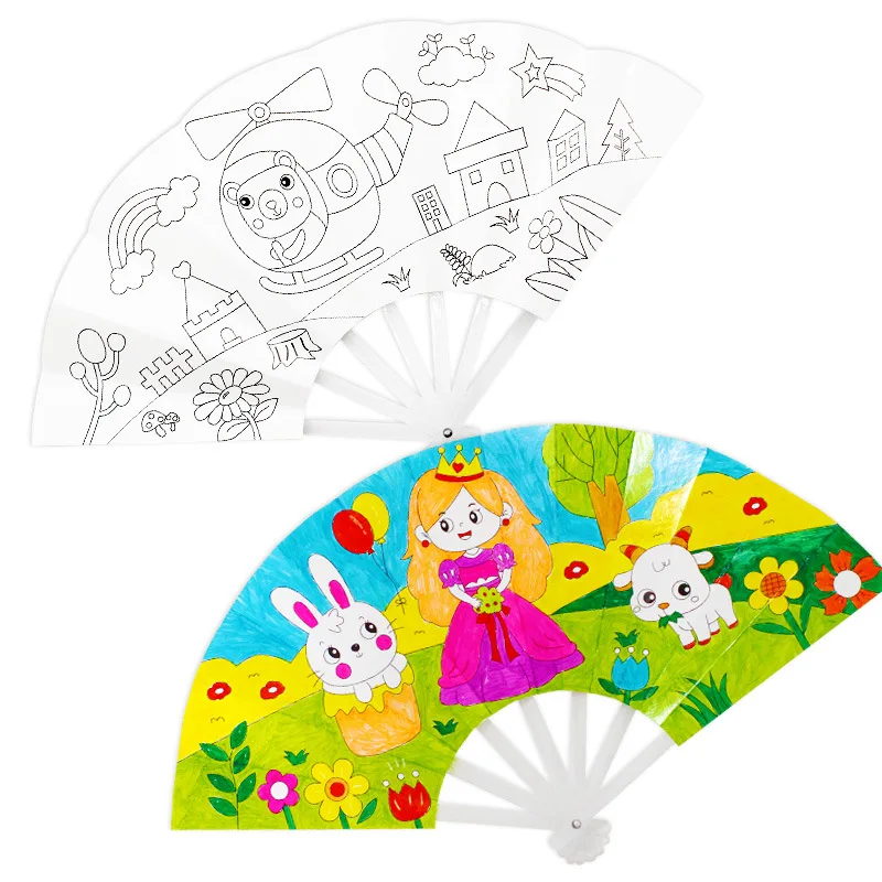 

24cm Painting Summer Fan DIY Toys For Children Cartoon Animal Color Graffiti Origami Fan Art Craft Toy Creative Drawing Kids