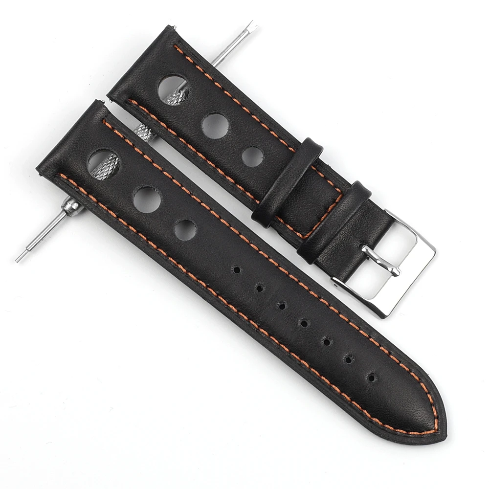 Genuine Leather Handmade Vintage Wrist Band Watch Strap Belt 18mm 20mm 22mm Men Watchband Hollow Breathable Black Watchstrap