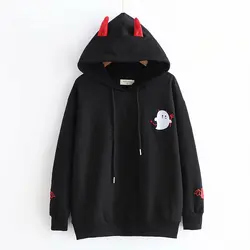 Harajuku Hoodies Girl Little Devil Horns Gothic Hooded Sweatshirts Women Autumn Loose Lolita Pullovers Tops Black White