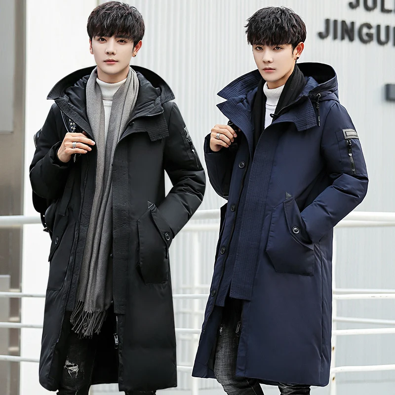 New Winter Men Long Down Jacket Fashion Solid Long Sleeve Thick Warm Cotton Outwear Casual Parkas Male Coat Plus Size M-3XL