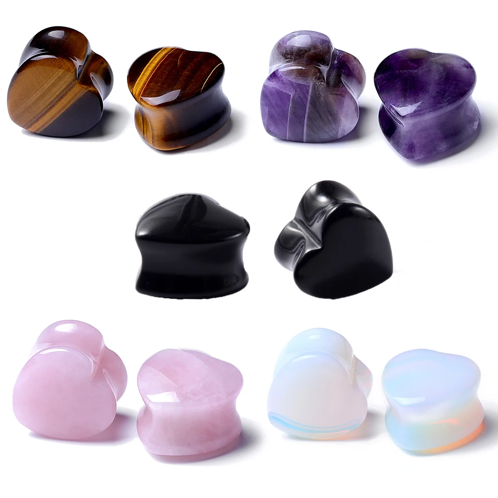 2PCS Heart Ear Plugs Natural Stone Ear Gauge Earring Flesh Tunnel Quartz Obsidian Opal Ears Expander Body Piercing 6-16mm