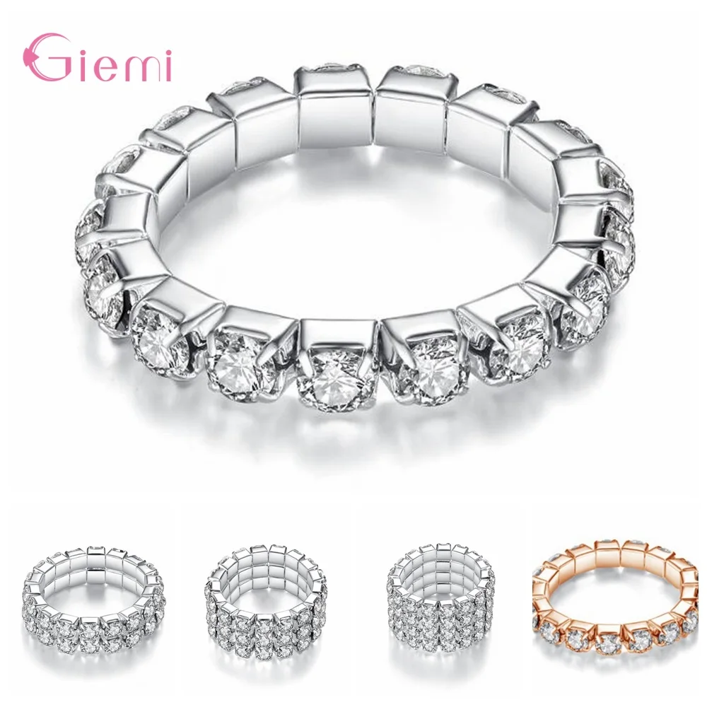 Fashion Channel Setting Party Classic Jewelry Silver Elastic Zircon Multi Row Full Rhinestone Crystal Stretch Rings For Women