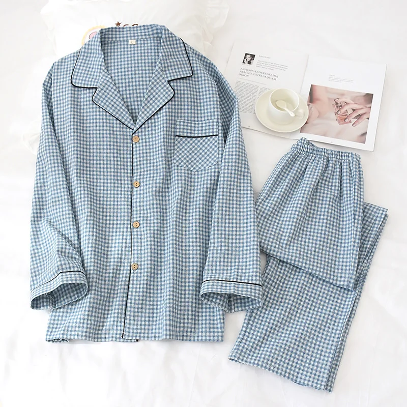 Coffee Men Plaid 2PCS Shirt&Pants Cotton Pajamas Sets Nightwear Button Homewear Sleepwear Pyjamas Suit Summer Home Clothing