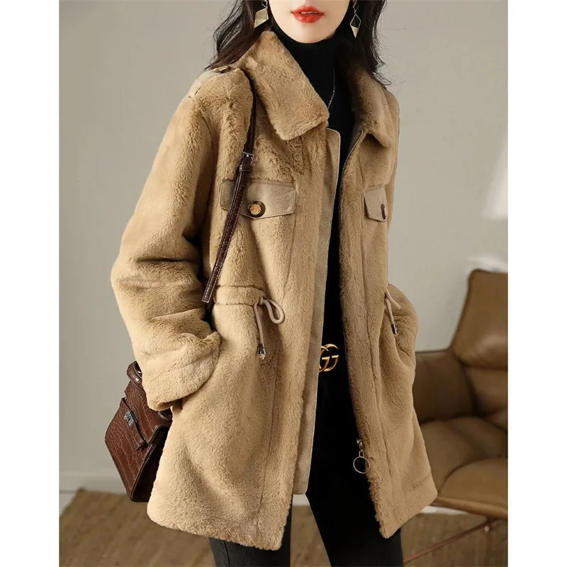 Women 2022 Spring And Autumn New Coat Fashion Design Temperament High-End Faux Fur Jacket Ladies Zipper Blend Wool Jackets Camel