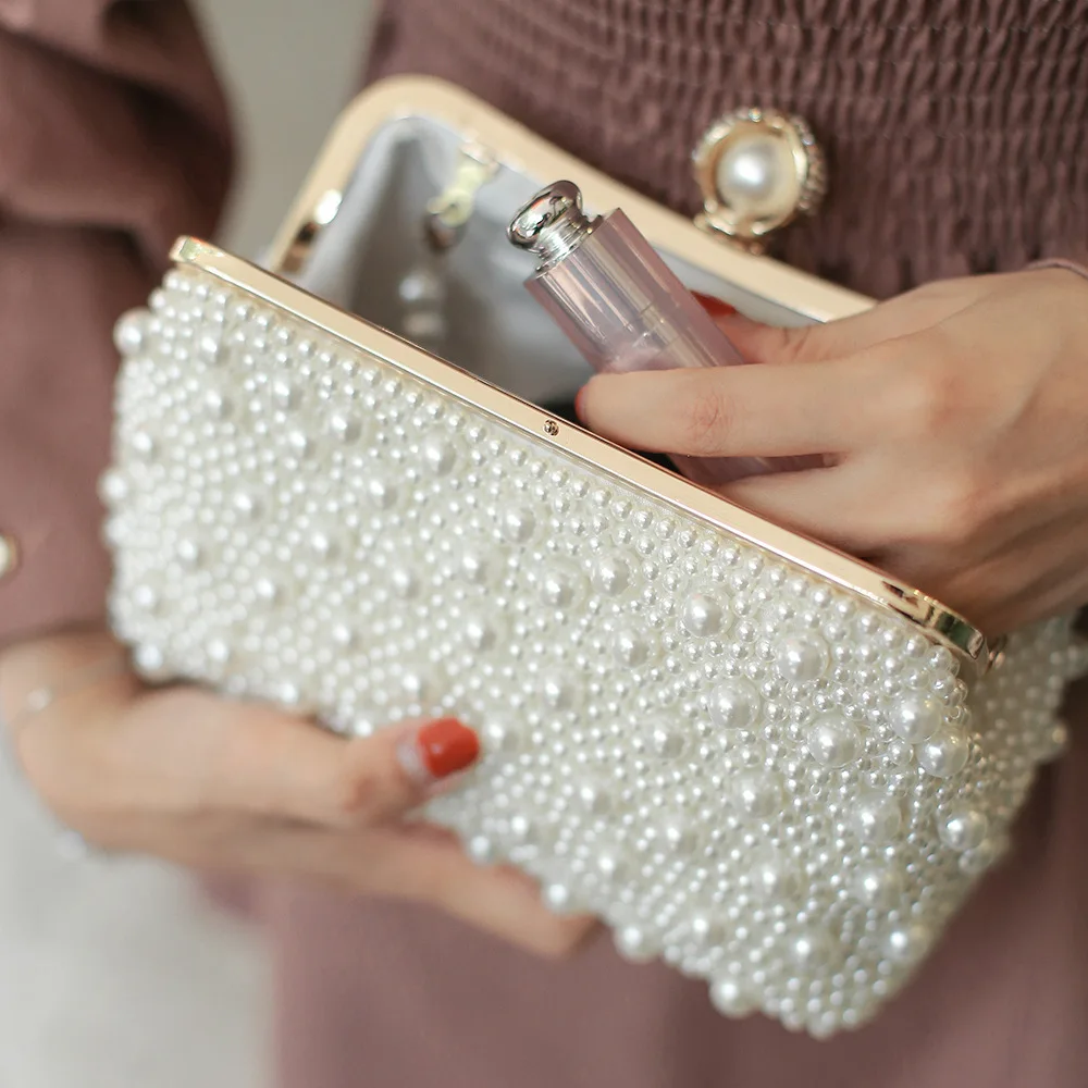 Luxury Pearl Evening Hand Bag Women Handmade Beading Banquet Handbag Bridal Wedding Dinner Party Day Clutch Phone Wallet XA831H