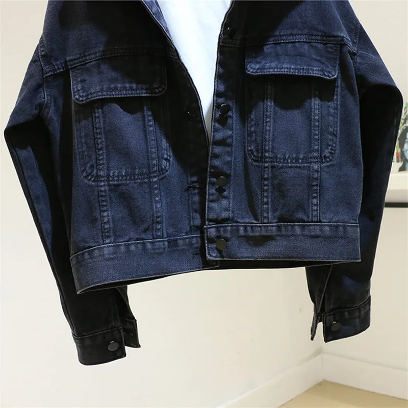 Vintage Schwarze Kurze Denim Jacke Frauen Frühling Herbst Lose Harajuku Einreiher Fledermaus Ärmel Jeans Jacke Mantel Weibliche Outwear