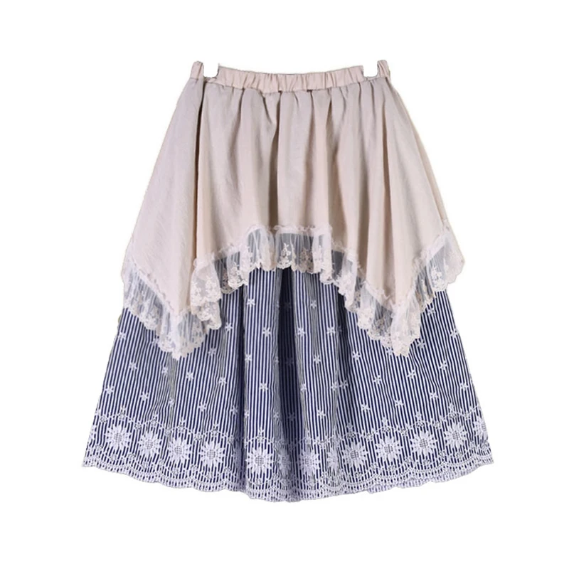 Harajuku Spring Mori Girl Sweet Lace Skirt Women Patchwork Striped Mulity Lace Layer Embroidery Female Kawaii Lolita Skirt A221