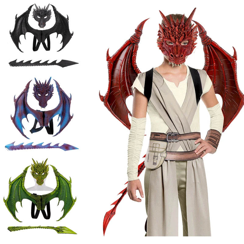 Costume de dinosaure pour enfants, accessoire de cosplay, masque d'aile de dragon, queue de dragon, cadeau d'Halloween, fête de carnaval, cadeau de Noël, 3 pièces