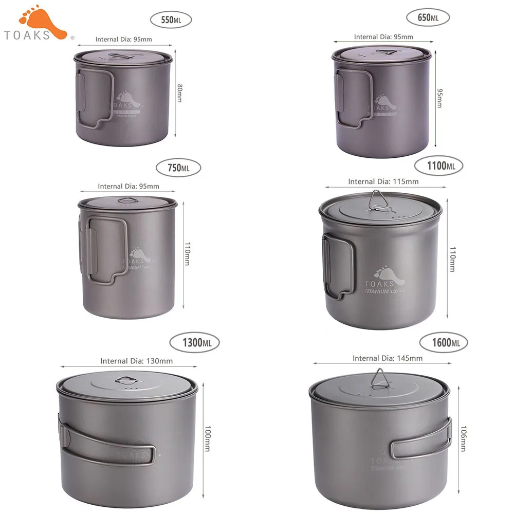 TOAKS 550ML 650ML 750ML 1100ML 1300ML 1600ML Outdoor Hiking Camping Picnic Titanium Pot Mug Bowl  Lightweight Camping Equipment