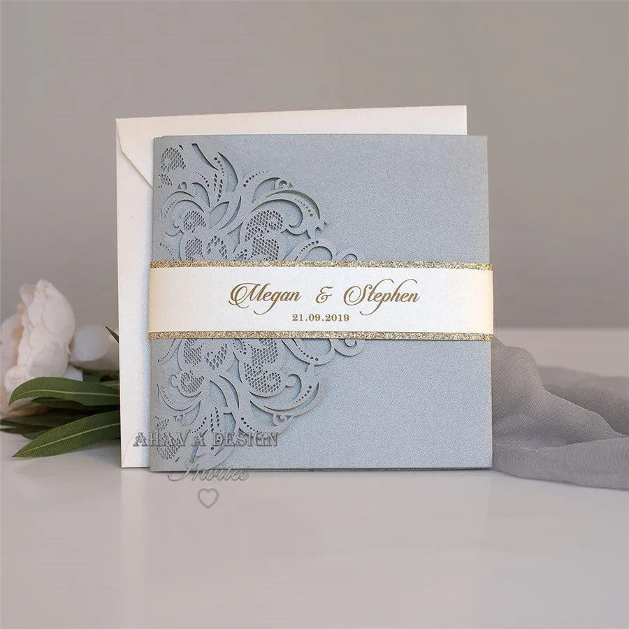 Romantic Silver Flower Glittery Laser Cut Pocket Wedding Invitation Kits With Belly Band And RSVP Card