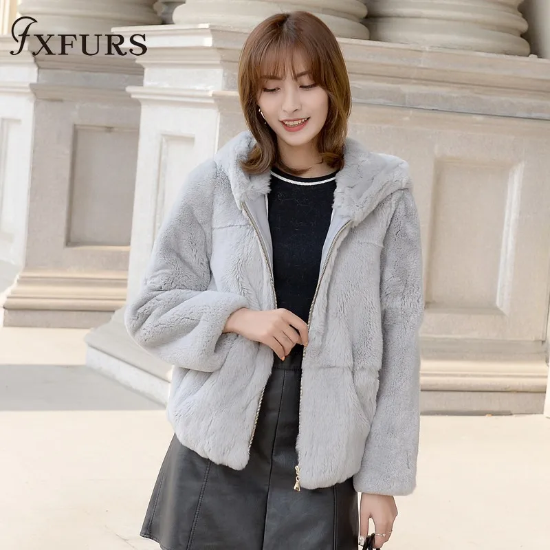 2020 Natural Real Rex Rabbit Fur Coat Whole Skin Fur Clothing Women Winter Hooded Short Jacket Long-sleeved Outerwear Coat Solid