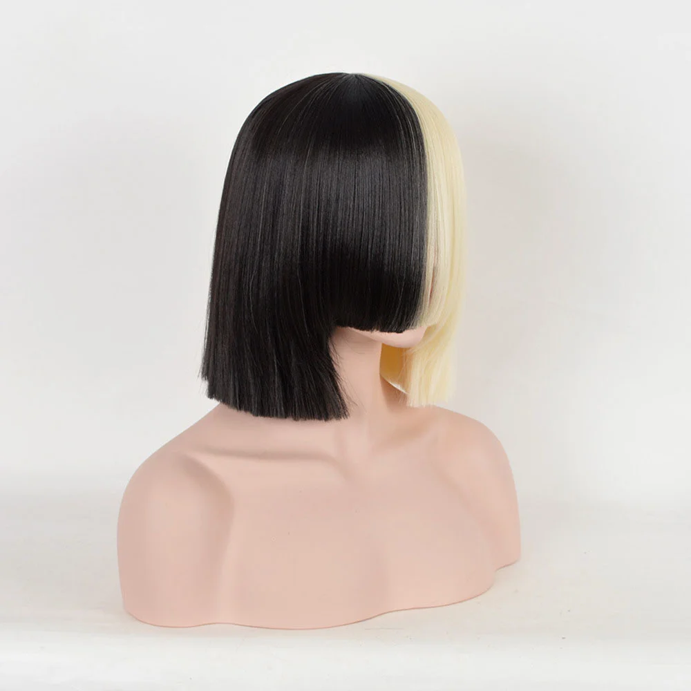 Hihg Quality SIA Wig Half Black Half Blonde Bob Heat Resistant Synthetic Hair Cosplay Wigs + Wig Cap + Big Bowknots