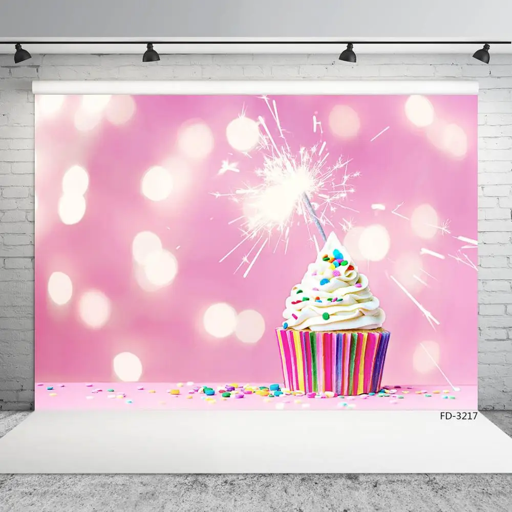 Flare Bokeh Cupcake Fireworks Pink Photography Backdrop Custom Background for Children Baby Birthday Party Photoshoot Fond Photo