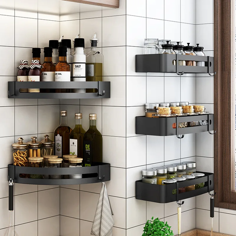 AE02YJM-0013 Bathroom Space Aluminum Black Triangular Basket Dresser Bathroom Storage Rack Free Perforated Bathroom Shelf