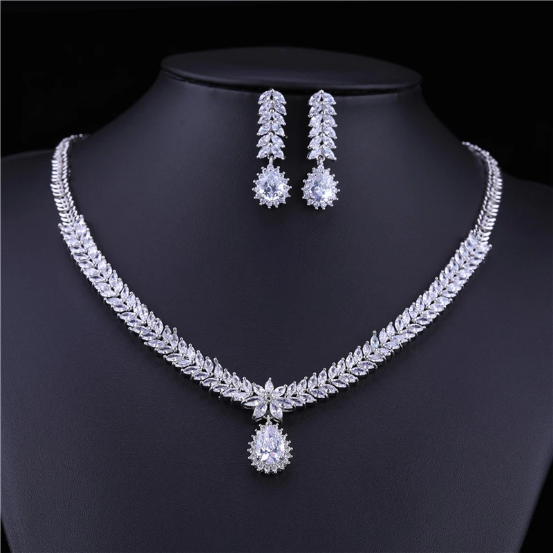 HUAMI Earings Fashion Jewelry Sets Pendant Necklace for Women Gift Water Drop Earrings Stud Silver Color Zircon Wedding Gift