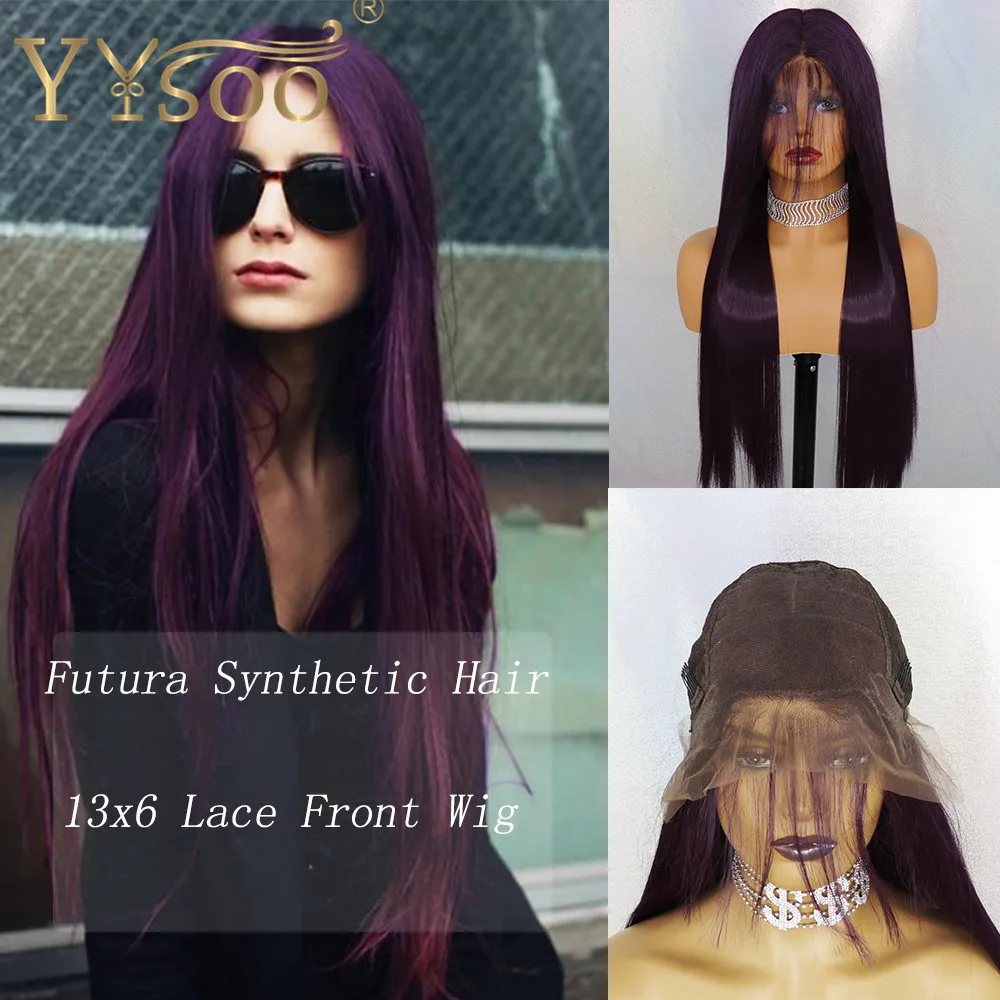 YYsoo 13x6 Long Silky Straight Purple Futura Synthetic Lace Front Wigs With BabyHair for Women Ombre Purple Soft&Smooth Lace Wig