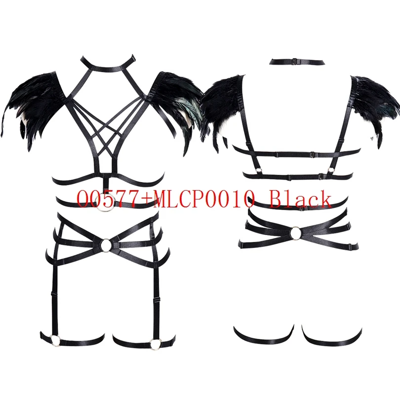 

2PC Sexy Feather Lingerie Set Women Spandex Harness Body Garters Erotic Queen BDSM Bondage Sword Belt Punk Bra Club Wear