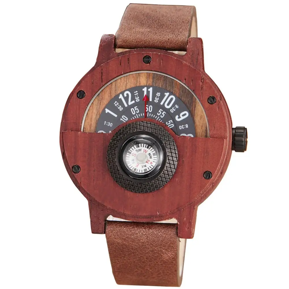 

Creative Compass WOOD Watch Men Turntable Dial Real Walnut Ebony Wooden Man Watches Creative Male Brown Red WOODEN Clock Reloj