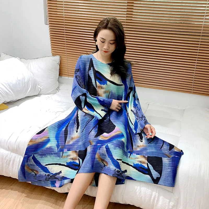 HOT SELLING pleated miyake o-neck Nine points sleeve geometry print  dress A-Line dress IN STOCK