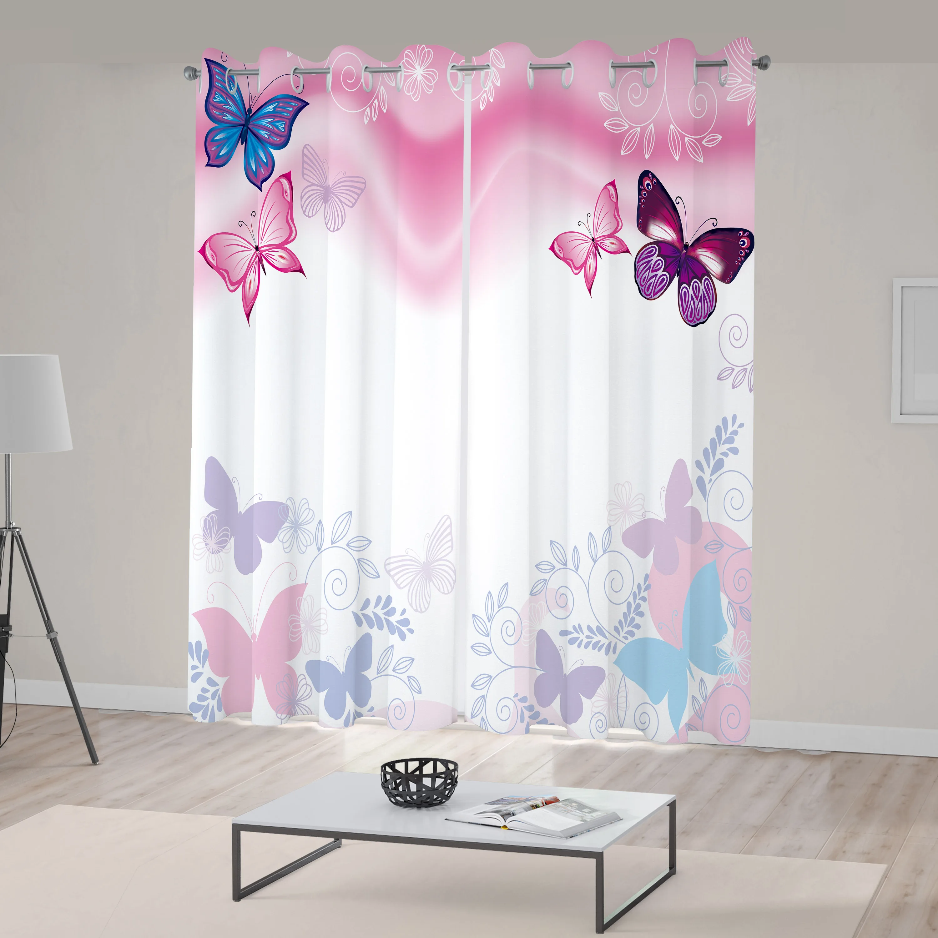 Princess Curtains Flowers and Butterflies Curly Wavy Leaves Insect Summertime Design Living Room Bedroom Window Drapes Pink