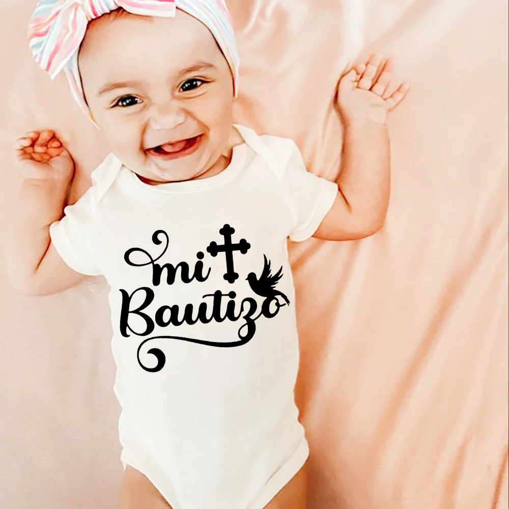 Mi Bautizo God Bless Baby Bodysuit Spanish Newborn Baptism Short Sleeve Jumpsuit Boy Girl Born Crawling Clothes Christening Gift