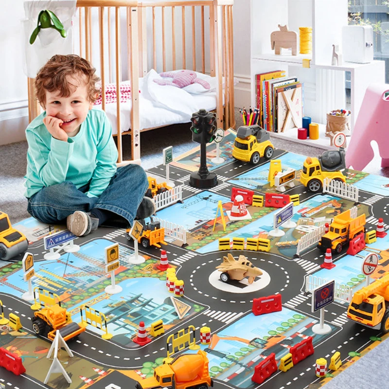 Tapis de jeu Cartoon Traffic Lea pour enfants, tapis de route, jouets d'intérieur pour petits garçons et filles, Playvirus, bébés jouant des polymères