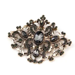 Sunspicems Retro Vintage Gray Crystal Turkish Brooch For Women Flower Bohemia Jewelry Antique Gold Color Ottoman Wedding Bijoux