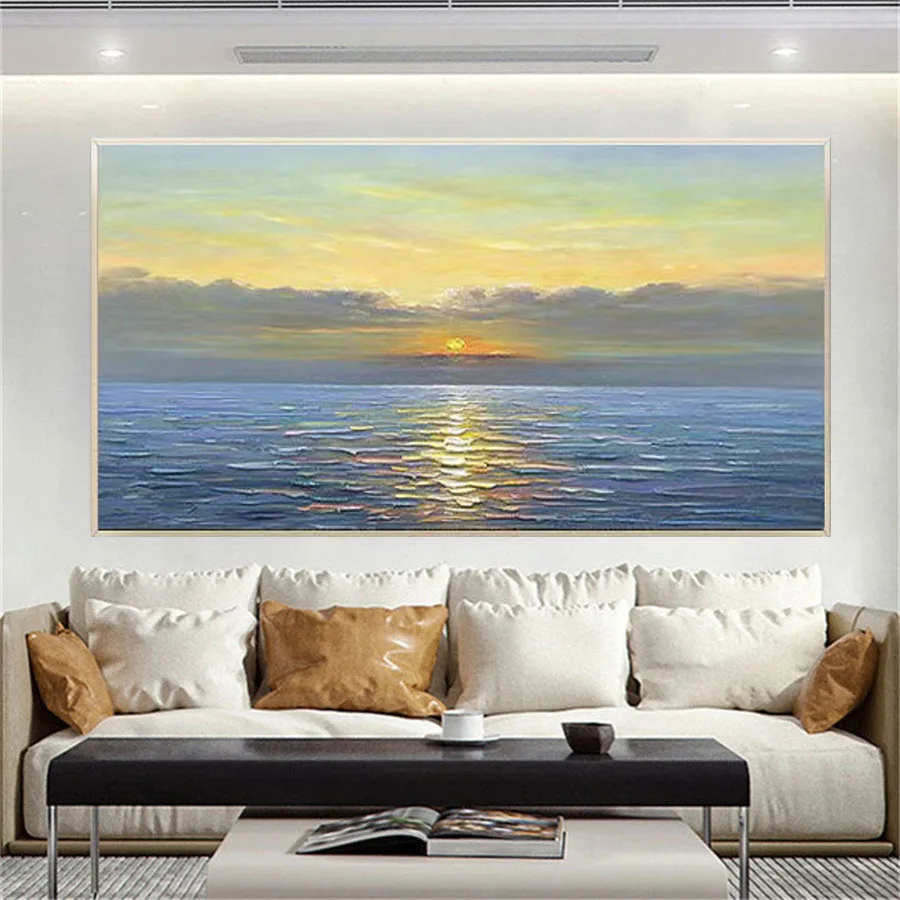 Large-Size Handmade Oil Paintings Seascape The Morning Sun Symbolizes Success And Hope Canvas