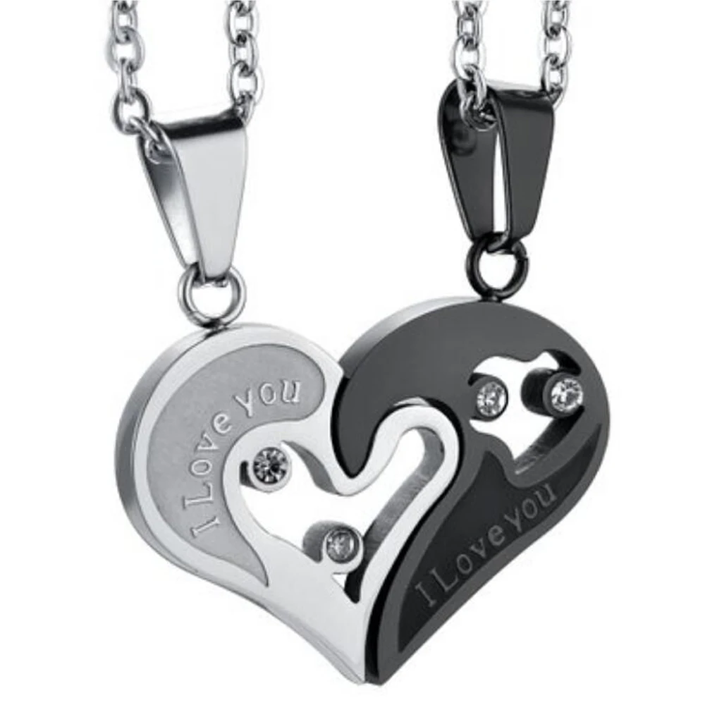 Two Colors Stainless Steel Mens Womens Couple Necklace Pendant Love Heart CZ Puzzle Matching - view 4