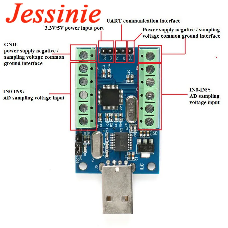 STM32F103C8T6 USB Interface 10 Channel 12Bit AD Sampling Data Acquisition STM32 UART Communication ADC Module