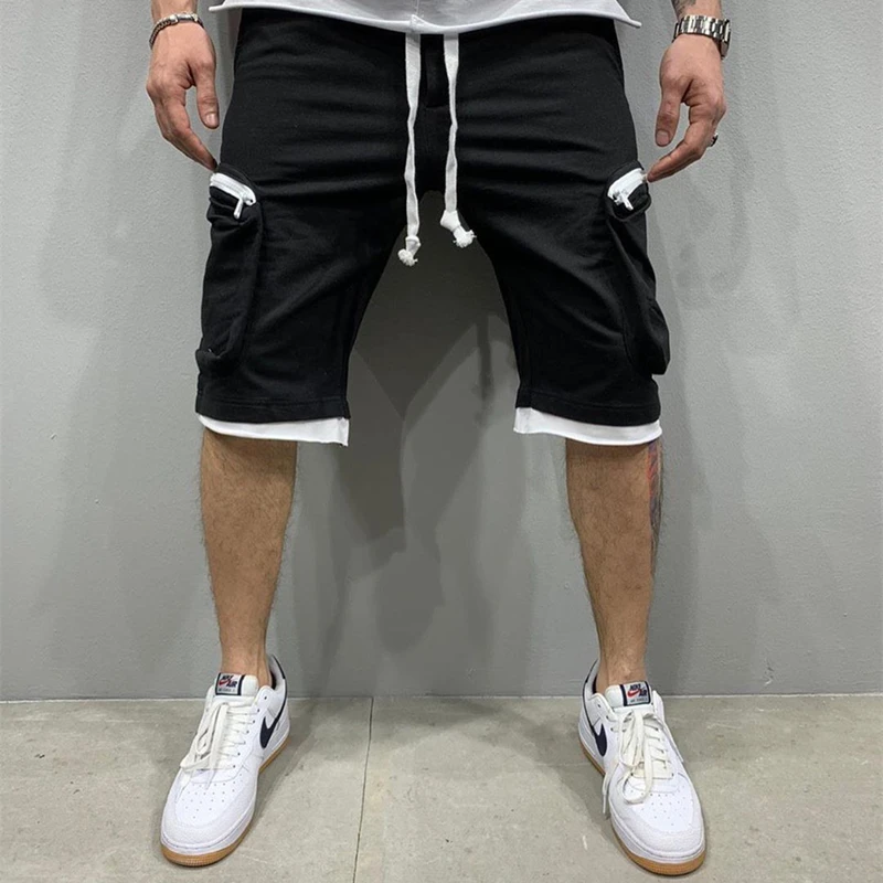 New Summer Fitness Shorts For Men Multi-Pocket Sport Breathable Casual Hip-Hop Tie Up Solid Color Street Work Straight Leg Five