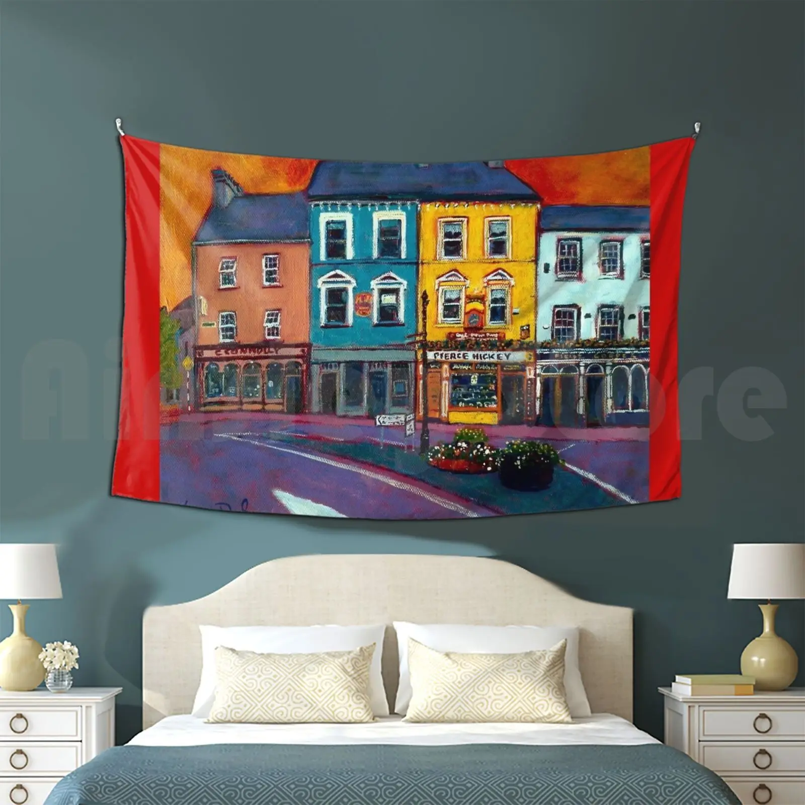 Main Street , Skibbereen , Cork Tapestry Background Wall Hanging Orange Red Houses West Cork County Skibbereen