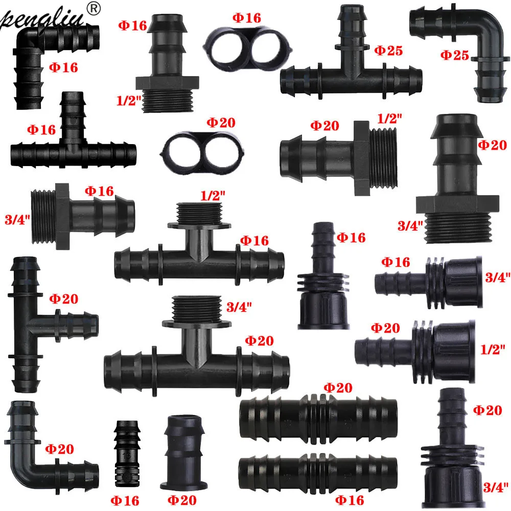 Accesorio de Tubería de PE para riego de jardín, Conector de lengüeta roscado igual a codo en T, adaptador de microgoteo, 16, 20, 25mm