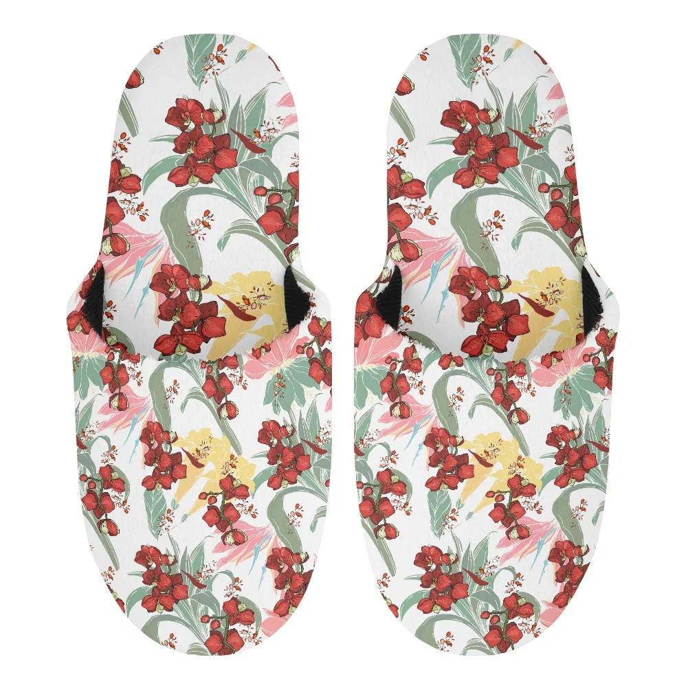 Noisydesigns Women Cotton Slippers Indoor Non-slip Soft Flat Shoes Winter Warm Small Fresh Flowers Printed House Plush Men