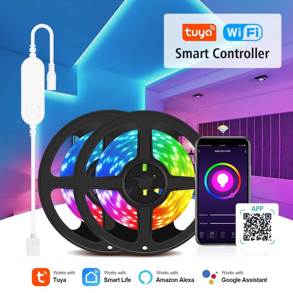 Tuya Smart WIFI LED Strip Work with Alexa Google Assistant Voice Control RGB LED Lights Strip 5M 10M 15M 20M Led Ribbon Tape