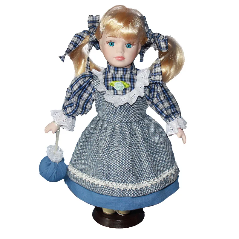 

30cm Blue plaid Ancient Country leisure girl doll simulation ceramic dolls, Victorian style, porcelain doll simulation doll