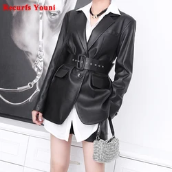 Women's Clothing Winter Genuine Leather Loose Suit Female Fashionable Handsome White Jacket Mujer Long-sleeved Coat With Belt