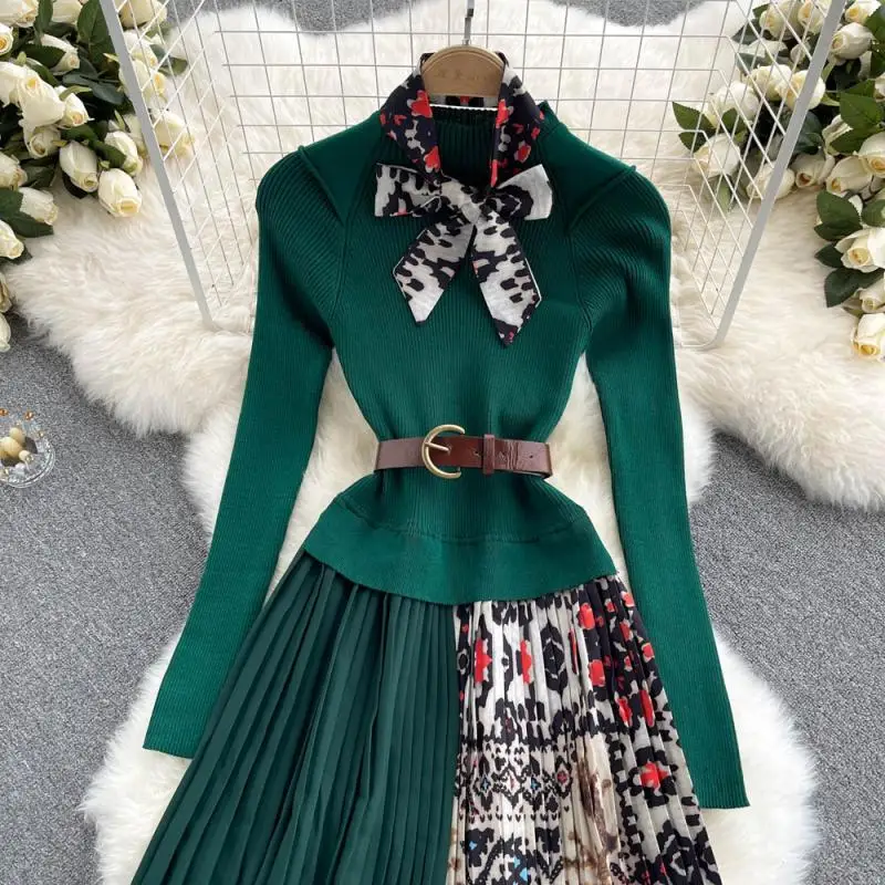 Banulin 2024 autunno inverno moda pista Vintage elastico vestito lavorato a maglia donna manica lunga Patchwork pieghettato abito longuette con