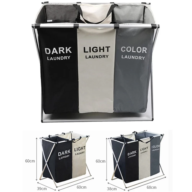 Foldable Three-Compartment Household Laundry Basket Waterproof Large-Capacity Oxford Cloth Dirty Clothes Sorting Storage Bag