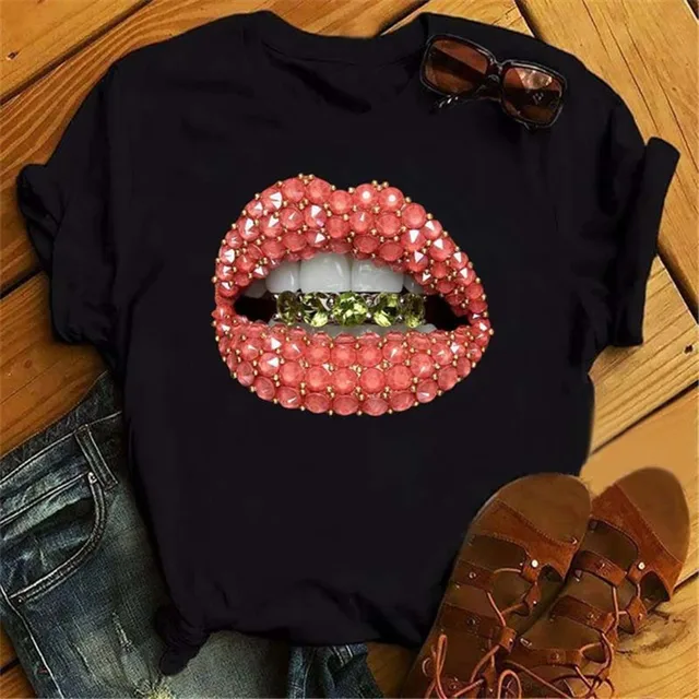Moda z nadrukiem ust kobiet T koszula na co dzień z krótkim rękawem O szyi luźna koszulka damska koszulka damska topy ubrania Camisetas Mujer
