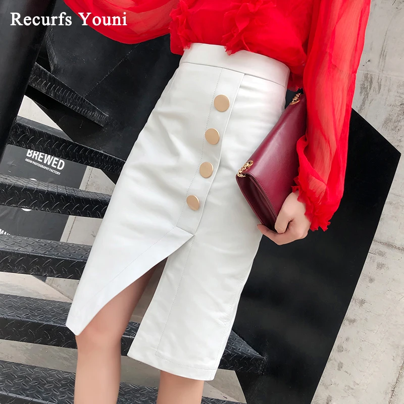 Faldas Mujer Moda 2022 Winter Womens Genuine Leather Simple Golden Buttons Midi Long Skirt Femme Slit Jupe Black/White Saias