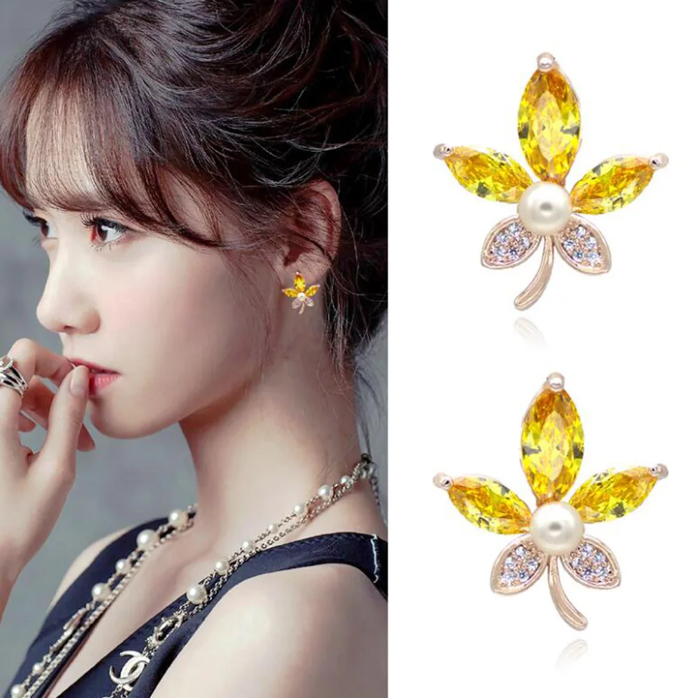 GRACE JUN Gold Color AAA Cubic Zircon Maple Leaf Clip Earrings and Pierced Earrings for Women Elegant Lightweight Earrings New