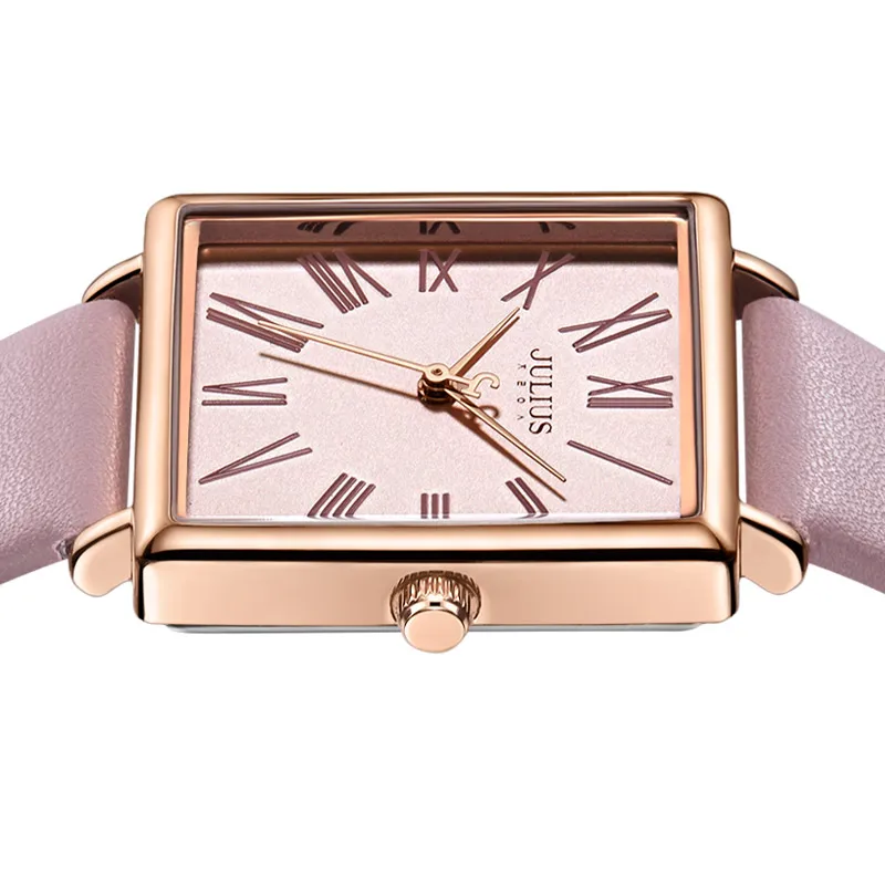 Julius Watch JA-1269 Women\'s Pink Square Watch Fashion Simplicity Casual Leather Band Watch