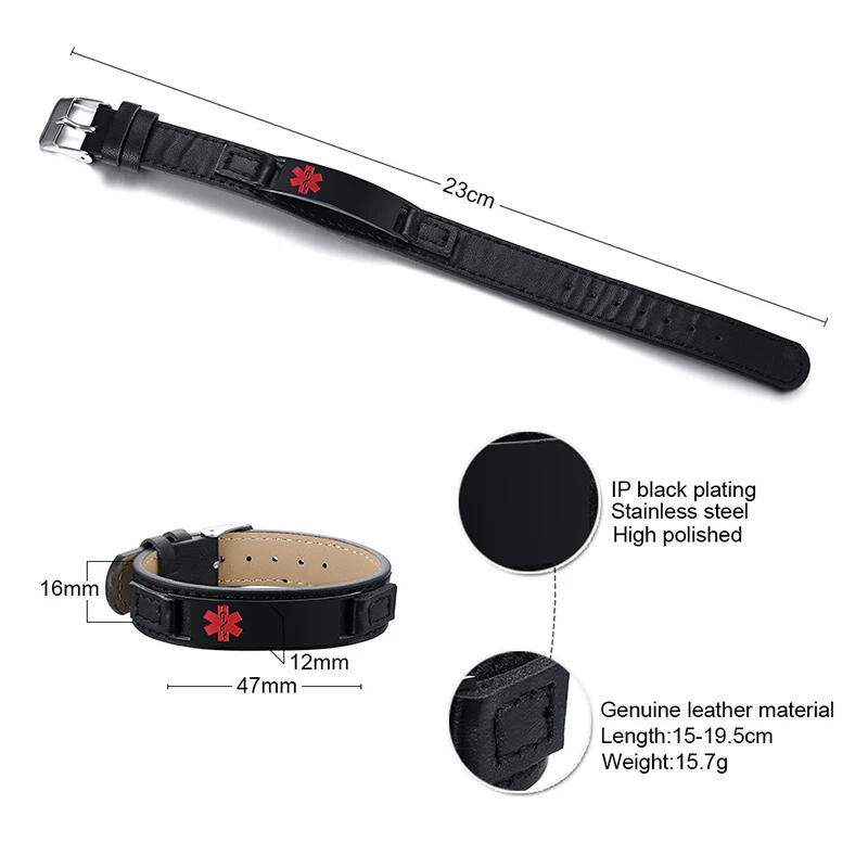 Personalized Leather Medical Alert ID Bracelets Men Women Free Custom DIABETES Allergy Emergency Remind Wristband Jewelry