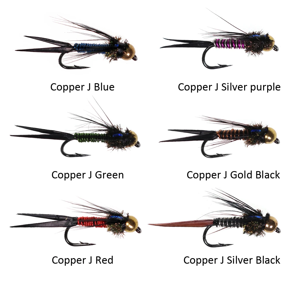 Vampfly 12pcs #12 6 Colors Brass Bead Head Fast Sinking Nymph Fly Copper John Mayfly Stonefly Attractor Trout Fishing Fly Lures